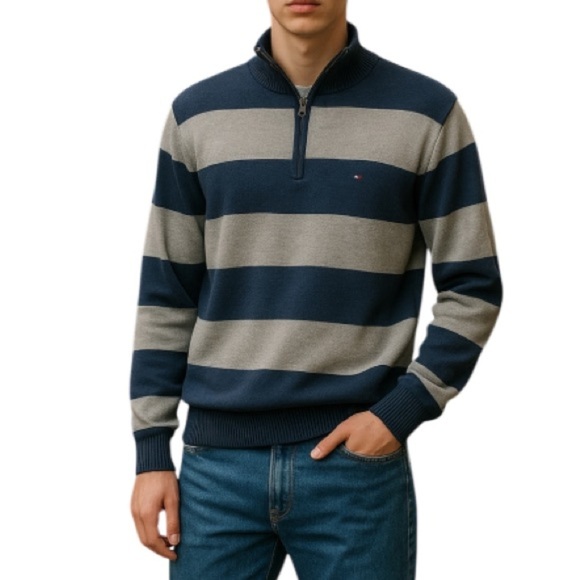 TOMMY HILFIGER Mens Striped Half Zip Sweater Steel Blue Grey Logo Preppy Size M - Picture 1 of 12